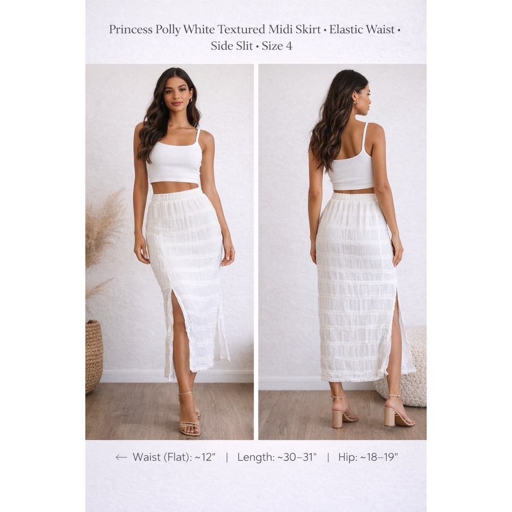 Princess Polly White Textured Midi Skirt Elastic Waist Side Slit Size 4 US